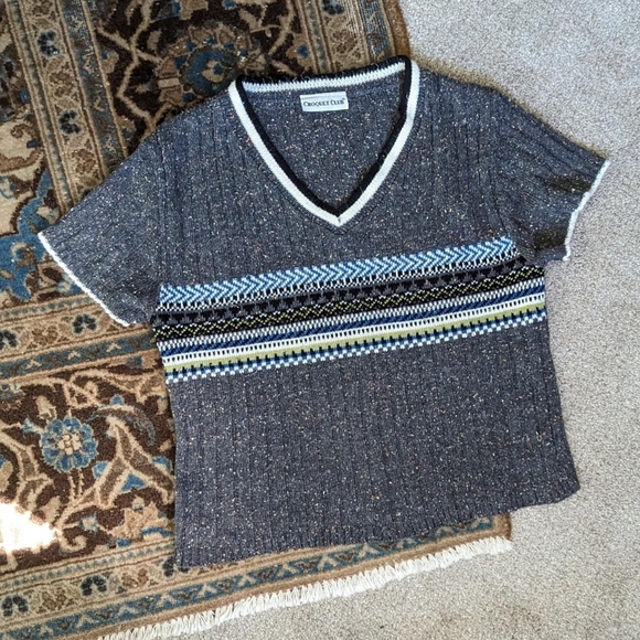 Vintage Y2K V Neck Preppy Speckled Pullover Short Sleeve Sweater - Picture 5 of 5